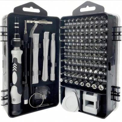 115-In-1 Precision Screwdriver Set With Magnetic Repair Tool, Non-Slip Carrying Case, Ergonomic Grip For Cell Phones, Laptops, Watches, And Electronic Devices, Made Of Silver-Gray Chrome Vanadium Steel, Shock-Resistant, Includes Hexagonal, Pentagonal, And Flat Heads