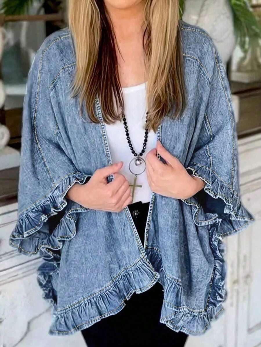 Women's Casual Loose Denim Jacket, Paired With Ruffled Pleats Decoration, Suitable For Daily Outings, Dances/Parties, Parties, Dates