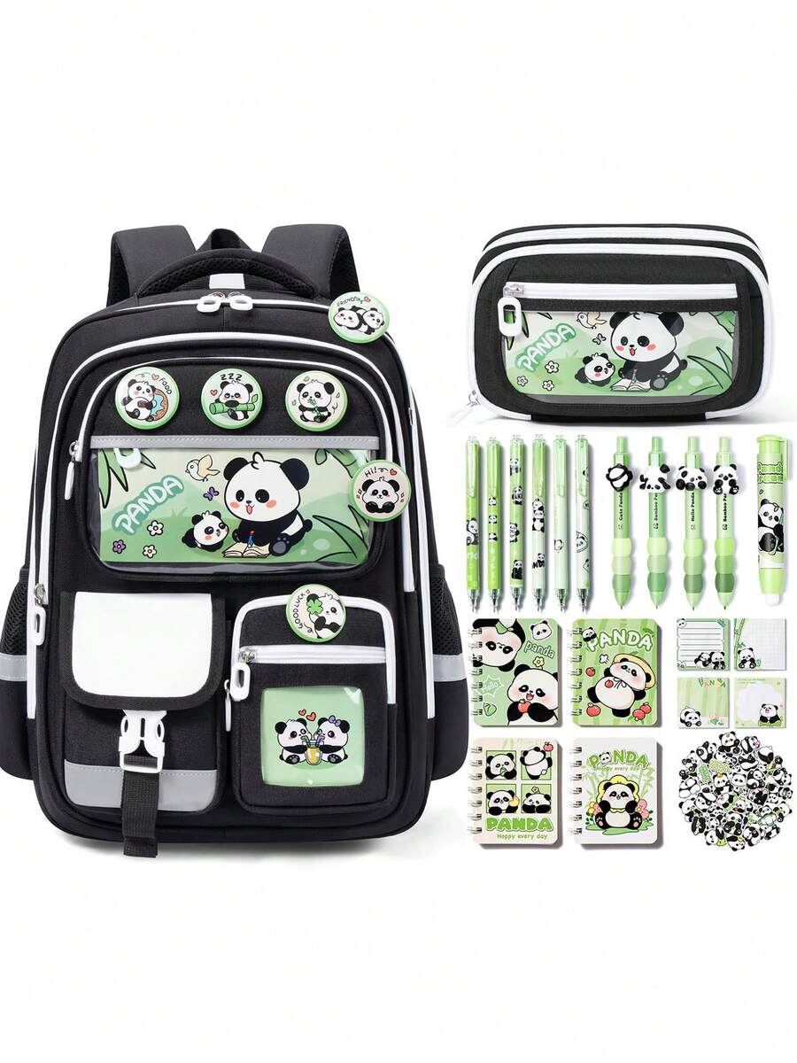 Kids Backpack For School Girls, 28PCS Panda Toddler School Supplies Stationery Set With Bookbag Pencil Case Pins Gel Pens Pencils Notebooks Sticky Notes For Kindergarten Elementary Student, Back To School Gifts - Panda - 查看 1