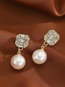 1 对纯银锆石水晶珍珠耳钉，新款时尚精致美观耳环，适合日常佩戴 - 金色 - 查看 3