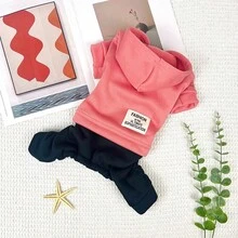 小狗图案单面羊毛连帽连体衣，温暖的四足服装 - 粉色 - 查看 3