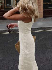 Women's Summer Thin Round Neck Solid Color Sleeveless Waist Belt Beach Leisure Vacation Sundress Simple Outdoor Women's Long Dress