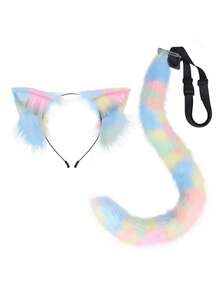 Plush Cat Ears Headband And Cat Tail Multicolor Costume Set, Cosplay Accessories For Stage, Party Decoration Halloween - A - 查看 11