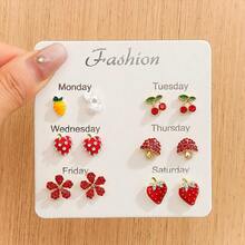 1-6对时尚金鱼、树、可爱水钻镶嵌水果系列耳钉套装