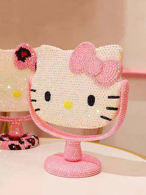Sanrio 1 pieza Se requiere precaución, Espejo de maquillaje de pintura de diamantes DIY, Diseño de gato de dibujos animados lindos Espejo decorativo DIY, Espejo de piedras rhinestone portátil hecho a mano, Mejor regalo para mujeres, Empaque (sin accesorios)