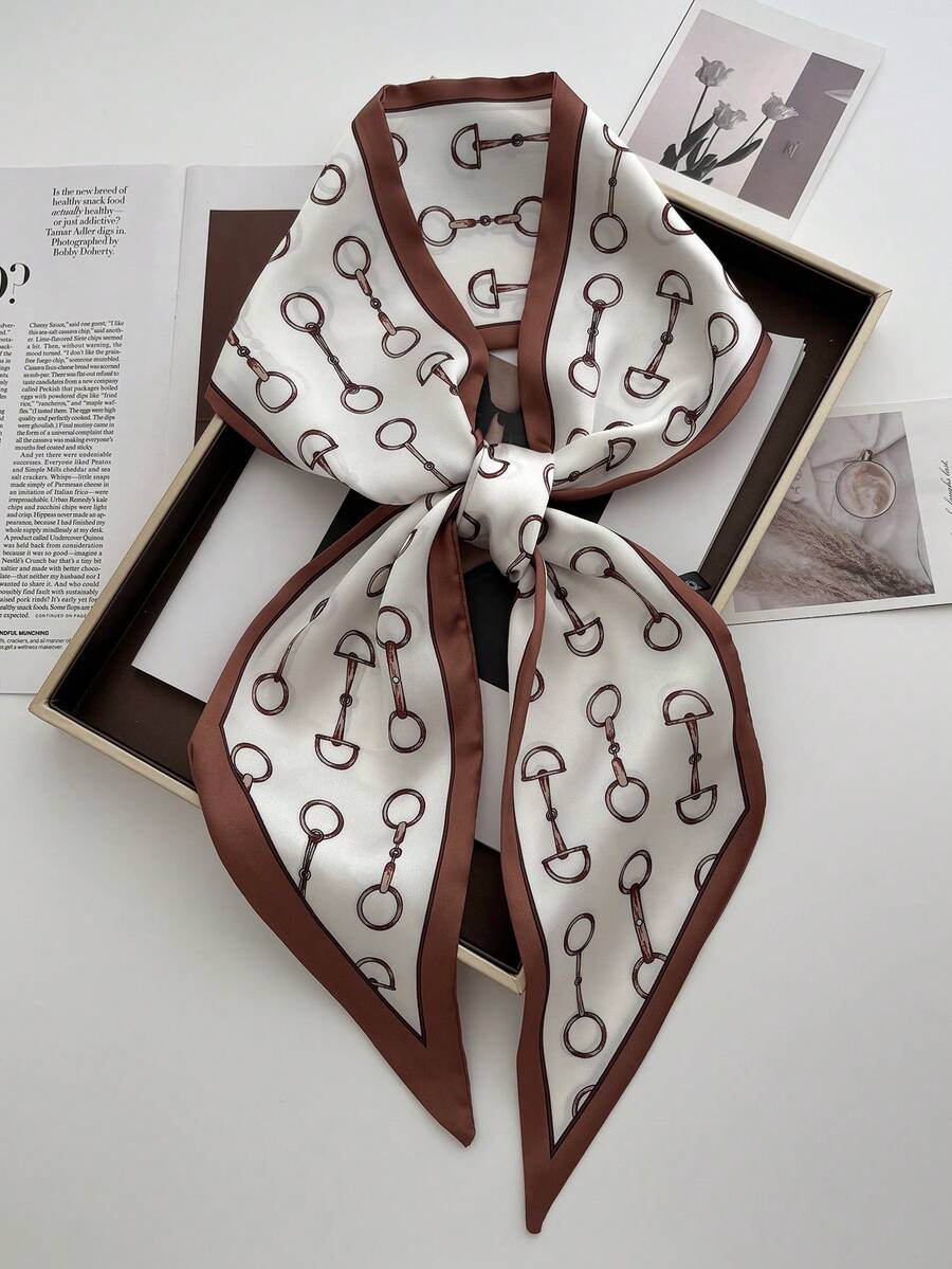1pc Reversible Horse Chain Print Satin Scarf, Women Dress, Shorts, Belt, Bag, Hat, Ribbon, Waist Belt - Mika Chain - View 1