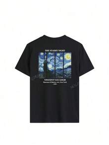 Camiseta de Verano para Mujeres con Estampado de Letras Personalizadas, Cuello Redondo, Camiseta de Media Manga a la Moda y Versátil con Estampado de Cielo Estrellado de Van Gogh Camisetas Gráficas Mujeres Top Rosa Top Blanco Top Negro - Negro - Ver 4