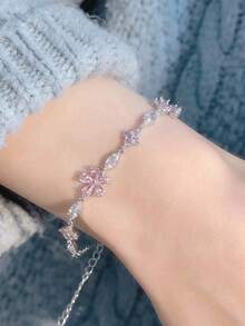 1pc Elegant Pink Crystal & Zirconia Sakura Flower Bracelet, Bridal Fashion Jewelry Valentine's Day Accessories - Multicolor - View 5