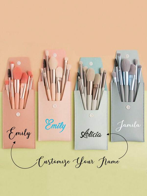1 pieza Juego de brochas de maquillaje con nombre personalizado con bolsa de almacenamiento, lindo regalo del Día de la Madre, bolsa de cosméticos de viaje de PU, favor de boda con nombre grabado, para novia, mamá, regalo de maquillaje para dama de honor