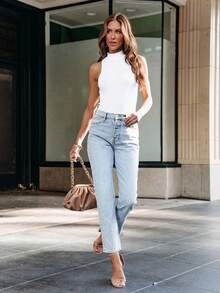 European & American Style Women Casual Versatile Stretch Fitted Light Blue Washed Denim Straight Leg Jeans, Daily Wear - Light Blue - View 6