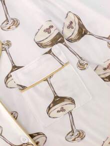 Conjunto de pijama y ropa casual: Blusa abotonada con cuello en V y estampado de copa de vino tinto, y pantalón largo, ropa de otoño e invierno - Blanco - Ver 4