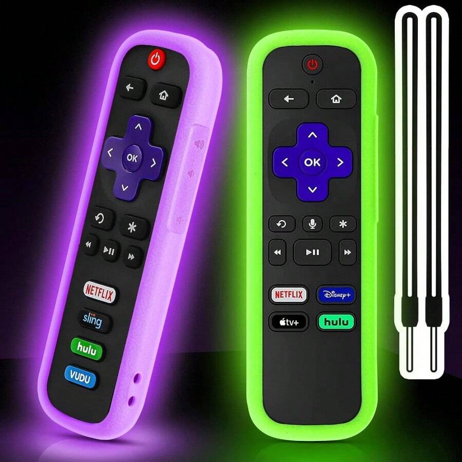 2 Pack Remote Cover For Roku Battery Cover For Roku Smart TV Steaming Stick Remote Silicone Remote Case For Roku Universal Protective Controller Sleeve Skin Glow In The Dark Green Purple - 輝綠和輝紫 - 查看 1