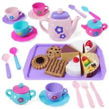 女孩角色扮演下午茶套装，下午茶甜点茶壶套装，公主下午茶游戏茶壶厨房玩具，复活节儿童生日礼物 - 彩色 - 查看 9