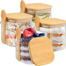 4-Piece Square Glass Jar With Bamboo Lid And Spoon - Sealed 27 Ounce Borosilicate Glass Food Storage Container For Coffee, Tea, Sugar