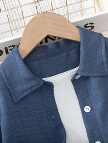 BASUSARRI 女孩秋冬纽扣衬衫长袖和阔腿裤两件套，优雅时尚的通勤和外出装 - 藍色 - 查看 4