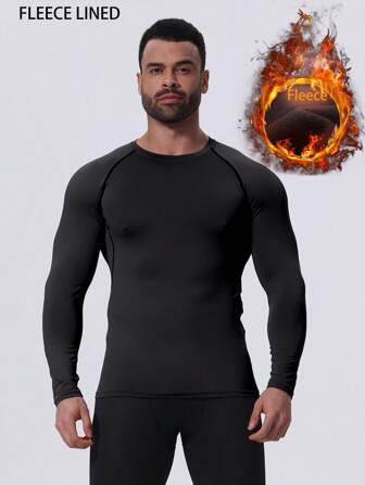 Autumn & Winter Warm Fleece Sports Long Sleeve Gym Exercise Outdoor Sports Running Skiing Cycling Hunting Ice Fishing Plus Size Warm Fleece Elastic Compression Slim Fit Base Layer Shirt