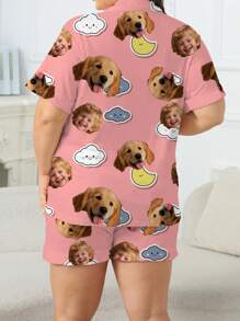 Plus Size Women's Summer Pajama Set, Collared Short Sleeve Top And Shorts, Pink Cloud & Moon Cartoon Custom Pet Portrait Graphic, Casual Loungewear