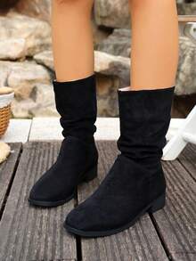 Women's Vintage Knight Mid-Calf Boots, Thick Heel, Versatile Western Folding Boots For Spring/Autumn - Black - View 5