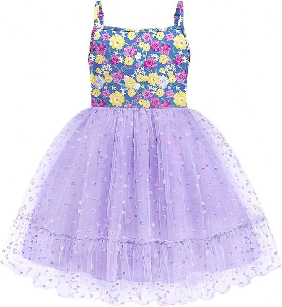 2025Toddler Girls Tulle Dress Rainbow Tutu Birthday Princess Dresses Formal Photo Shoot Outfit Summer Clothes 2-6T'Sprout Style' - 紫色 - 心形薄紗 - 查看 1
