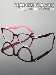男女通用近视眼镜，新款时尚猫眼拼接金属素面老花镜，方形镜框，镜腿灵活，适合日常佩戴、运动、电脑使用、缝纫等，防疲劳，便携设计，适合各种脸型，有黑色、粉色、紫色、灰色可选，7种度数可选，是节日、父母节、情人节、开学季、教师节、斋月等场合的理想礼物。