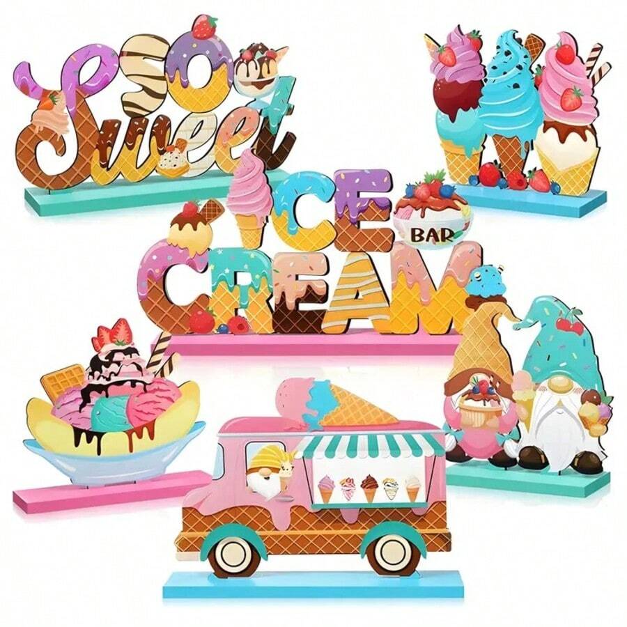 6pcs Wooden Ice Cream Dessert Decorations, Ice Cream Desktop Centerpiece Decor, Letters, Trucks, Fairy Wooden Signs, Bar Party Birthday Party Supplies