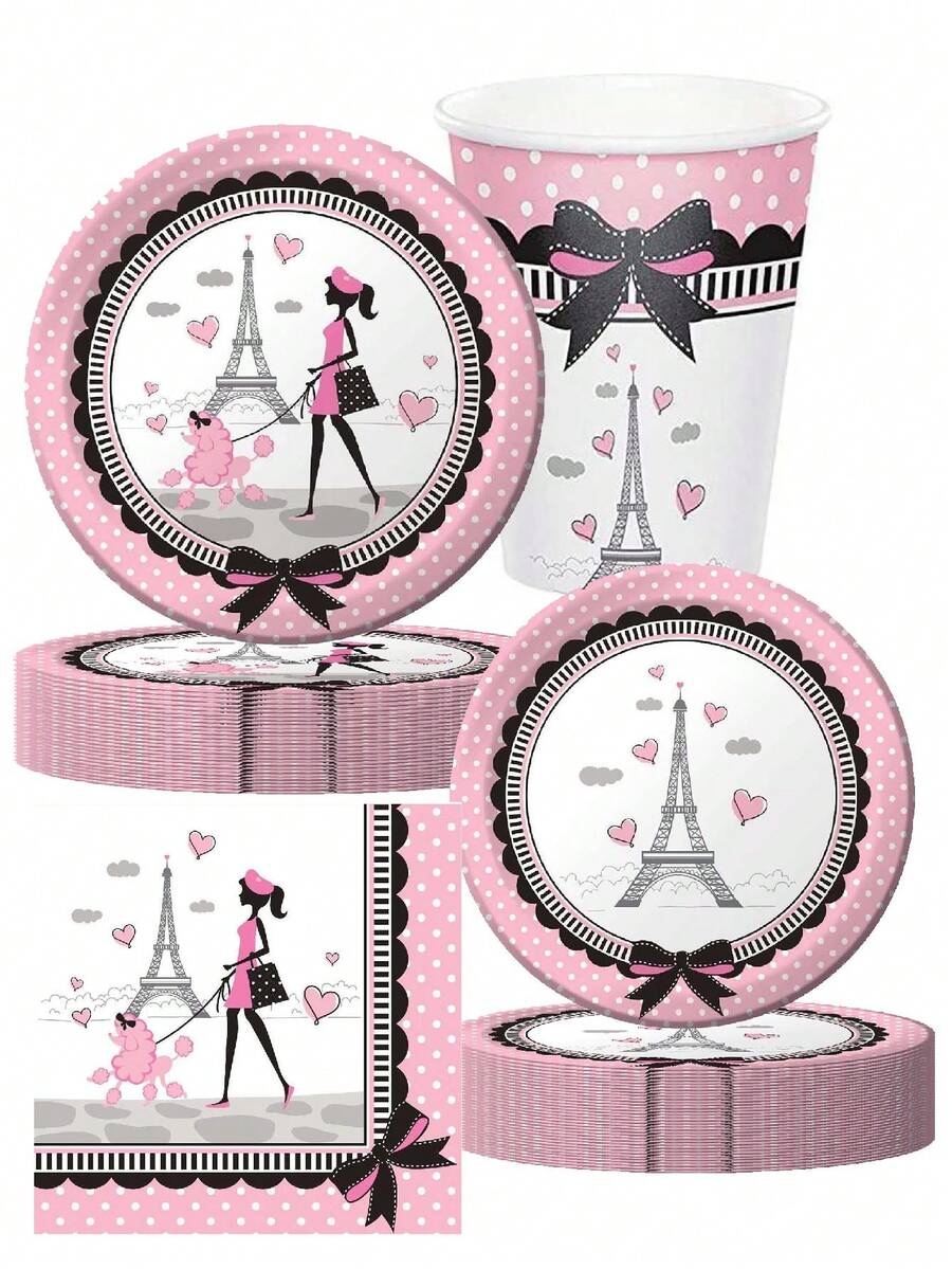 10pcs/Set Paris Eiffel Tower Theme Party Cake Plates Round Tableware Set, Suitable For Camping, Wedding, Birthday Party, Romantic Paris Creative Theme Party - Multicolor - View 1