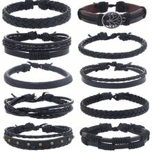 10 件套多层编织手链，和平树黑色皮革朋克手链，男女复古混合配饰 - 黑色 - 查看 6