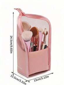 قطعة واحدة من حافظة فرش المكياج الوردية مع سحاب، حامل فرش المكياج المحمول المقاوم للماء من البي في سي الشفاف، حقيبة فرش المكياج المحمولة، حقيبة مكياج احترافية، حقيبة تخزين للفنان، كوب مكياج قابل للطي عمودي أساسي للاستخدام المنزلي، مناسب للهدايا والعطلات والسفر. - متعدد الألوان - مشاهدة 5
