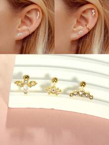 Juego de 3 pendientes cartílago de 16G con parte posterior plana, joyería de acero inoxidable para piercings en hélix, concha, daith y trágus con ópalo CZ, flor, serpiente y hoja con cierre de rosca, para mujeres - pendiente de bola - Ver 18