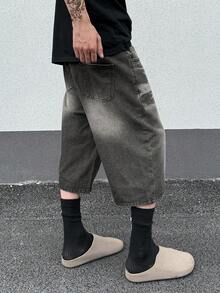 GlobeSwift 复古男士青年先锋街头时尚-休闲街头先锋时尚-嘻哈街头宽松3/4牛仔短裤，春夏秋 - 黑色 - 查看 3