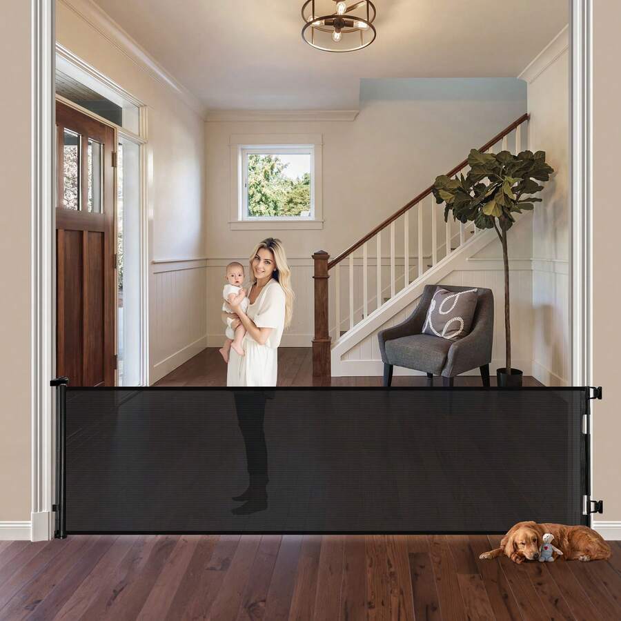 Retractable Baby Gates For Stairs, Dog Gate Indoor Extends , Child Gates For Doorways, Stair Gate Use For Outdoor, Indoor, Hallways, Doorways, Deck, Porch - màu đen - Xem 1