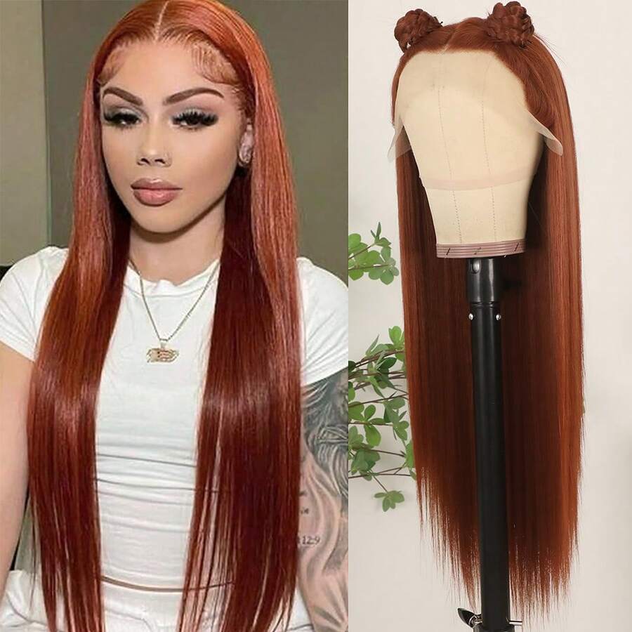 13X4 Free Part Blue Lace Front Wigs 26 Inch Pre Plucked Long Straight Hair Wigs Glueless Soft Light Blue Colored Wigs Heat Resistant Long Blue Straight Synthetic Lace Front Wigs For Fashion Women For Daily Christmas Party Cosplay Use - 鏽棕色 - 查看 1