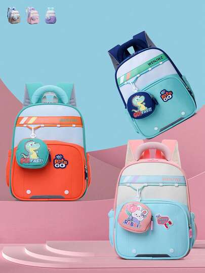 1pc新款卡通印花背包童趣可爱，采用拉链开合设计，可调节肩带，糖果色撞色设计，清新童趣，活泼可爱，容量充足，分层收纳，可轻松容纳日常用品，包包轻盈，不负重于身。