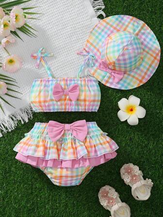 Conjunto de mono de tirantes finos con estampado floral y volantes + falda de cintura elástica con volantes para niñas, conjunto primavera/otoño para vacaciones y primavera con sombrero