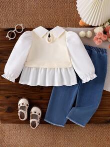 Baby Girl 2 Pieces Set, Elegant Style, Long Sleeve Patchwork Color-Block Bow Decor Shirt Top And Frayed Waist Elastic Waist Jeans Pants Set, Suitable For Spring & Autumn - White - View 2
