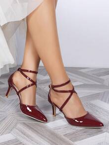 女士酒红色尖头高跟鞋，交叉带，镂空鞋，带扣，金色装饰，舒适百搭 - 酒紅色 - 查看 5
