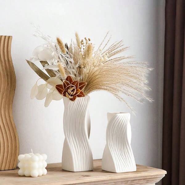 1 pieza Jarrón minimalista blanco de plástico antivuelco, resistente al desgaste, con diseño de líneas y formas geométricas modernas, apto para hotel, hogar, dormitorio, balcón, sala de estar, decoración de mesa para fiestas