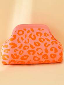 Leopard Print Clutch Bag, Contrast Color Knitted Wristlet, Spacious And Stylish Handbag