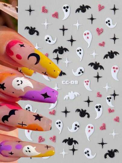1 pièce Nouveaux autocollants d'ongles d'Halloween brillant dans le noir, avec motif de fantôme, chauve-souris et étoile. Décoration d'art des ongles amovible et adhésive