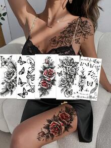 5 件女士临时纹身、指甲设计、疯狂妆容、时尚纹身贴纸、一次性纹身、防水防反光、易于粘贴和去除、超逼真、身体装饰、遮盖疤痕半永久半袖防水人体艺术贴纸、适合女性、持久逼真的性感花卉纹身 - 彩色 - 查看 2