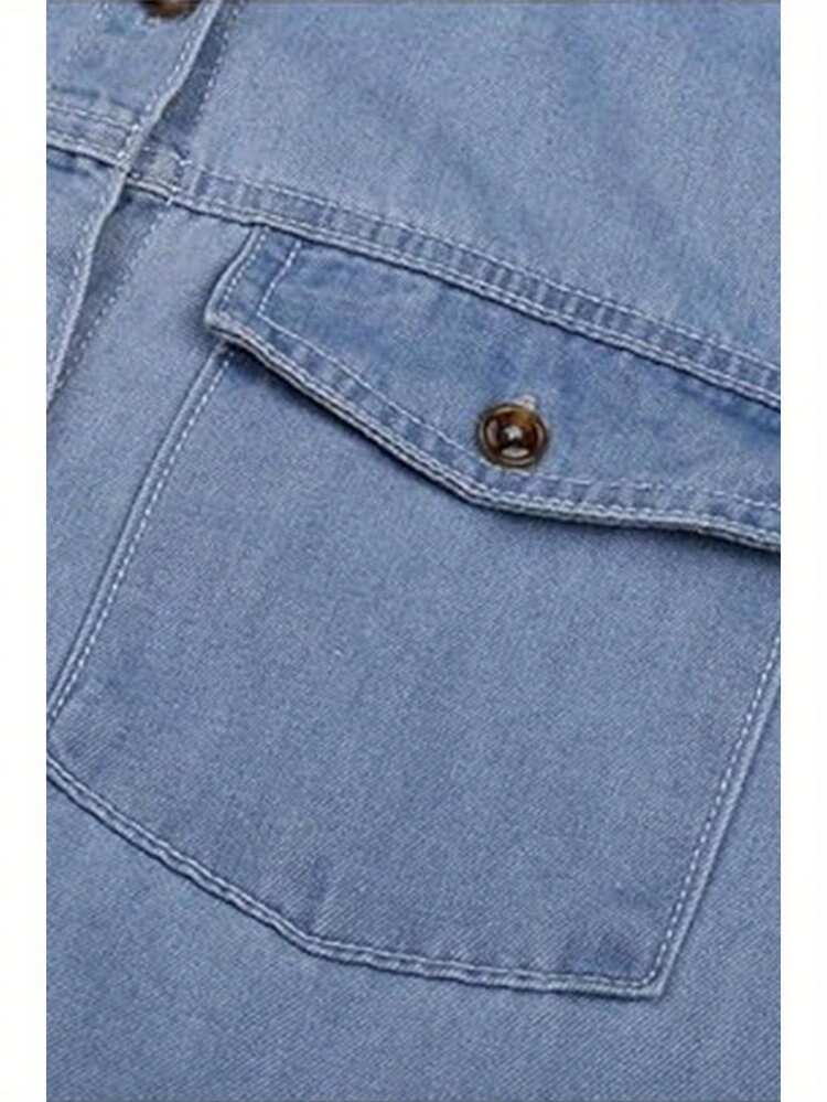 Women's Plus Size Denim Dress Short Sleeve Turn Down Collar Button Front Loose Swing Jean Dress - 淺藍色 - 查看 3