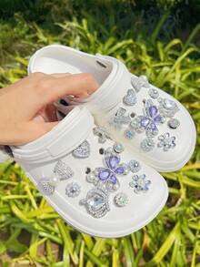 20 件银色和紫色大蝴蝶水钻皇冠鞋饰，适用于凉鞋、拖鞋、沙滩鞋、花园鞋、DIY 装饰配件