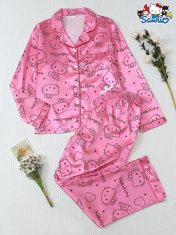 Sanrio Set de 2 piezas de pijama de mujer con blusa de manga larga con botones y bolsillo, y pantalón largo con moño, en satén rosa, adecuado para usar en casa, ropa de otoño e invierno