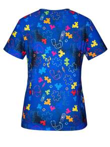 Top da infermiera con maniche corte, scollo a V, con stampa a cuore e puzzle, per primavera ed estate, con tasche, per donna