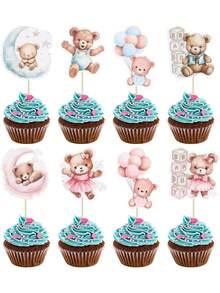 32 件熊形纸杯蛋糕装饰月亮宝宝派对蛋糕装饰丛林动物主题生日派对蛋糕用品蓝粉色