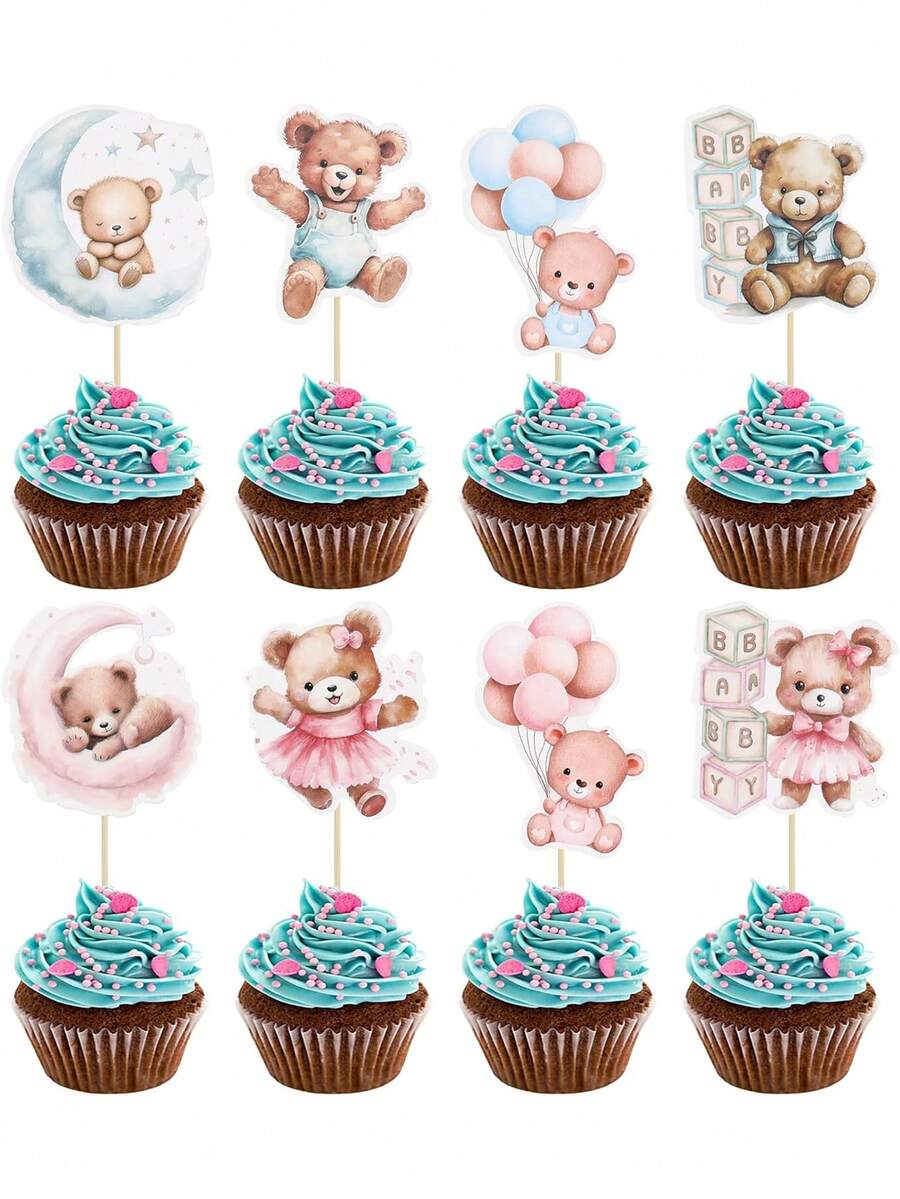 32 件熊形纸杯蛋糕装饰月亮宝宝派对蛋糕装饰丛林动物主题生日派对蛋糕用品蓝粉色