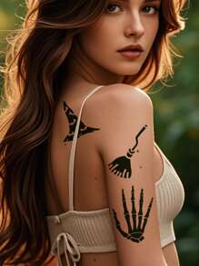 2 张万圣节纹身模板，骷髅头魔术帽类模板可重复使用的身体模板，闪光喷枪 DIY 纹身模板，适合女性女孩身体艺术自粘模板派对礼物 - 黑色 - 查看 9