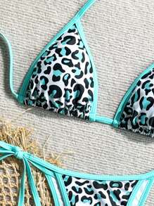 女式露背豹纹拼接比基尼上衣和下装休闲套装夏季 - 藍白色 - 查看 6