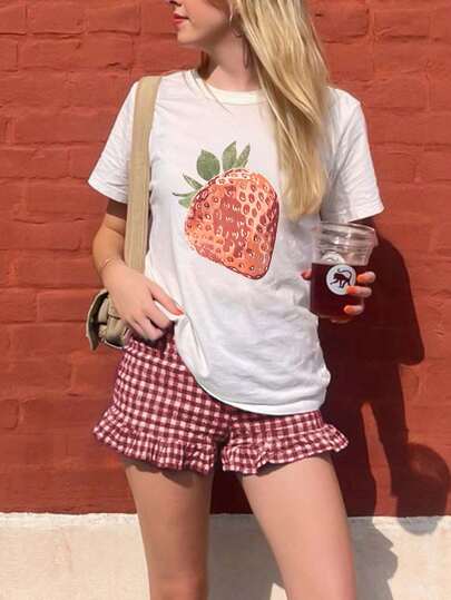 女式夏季草莓图案印花圆领短袖简约休闲日常白色大码T恤上衣