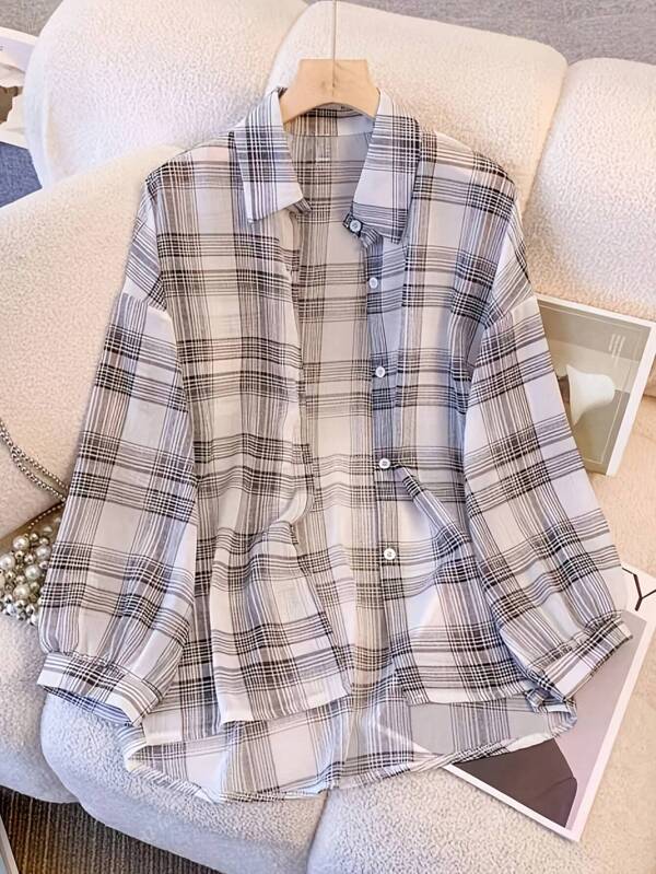 Blusa de gasa holgada y larga con mangas a cuadros Retro para mujeres